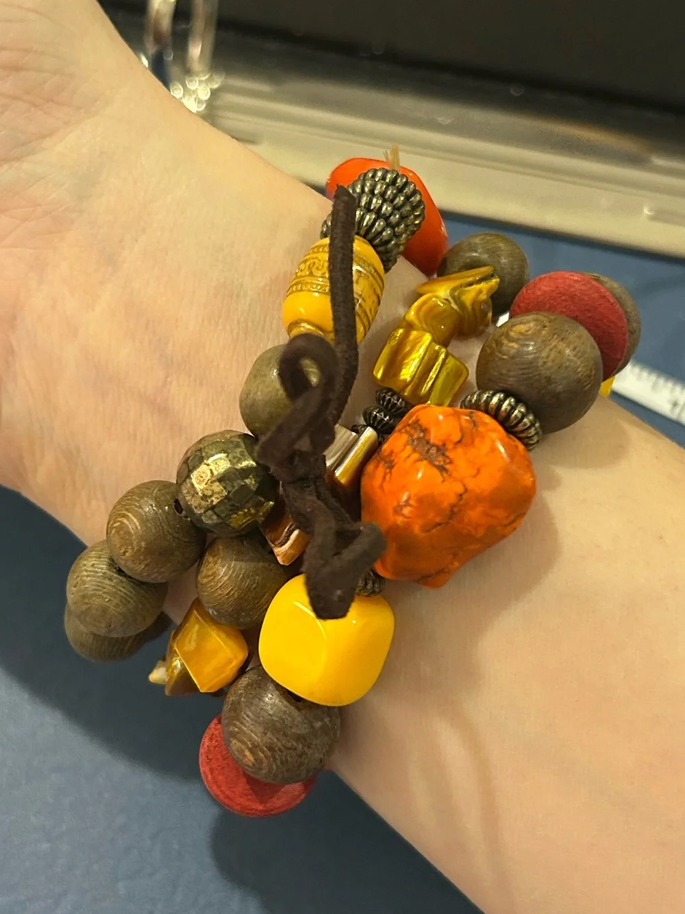 Boho Earth Tone Eclectic Mixed Bead 3-Piece Bracelet Set Orange Brown Yellow